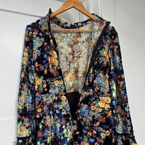 Dalia Macphee Burnout Floral Velvet Metallix Ruffle Runway Dress in Navy - Picture 11 of 16